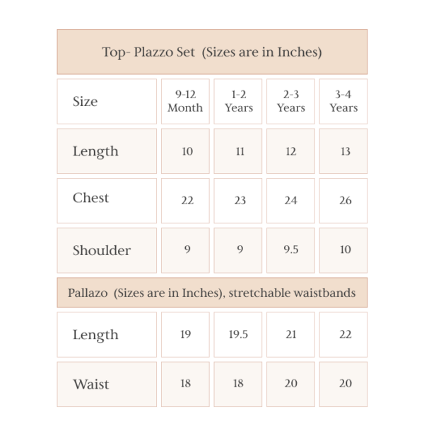 Top- Plazzo Set (Sizes are in Inches)