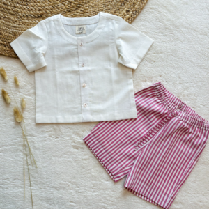 Infants Shirt-Shorts Set: White with Pink